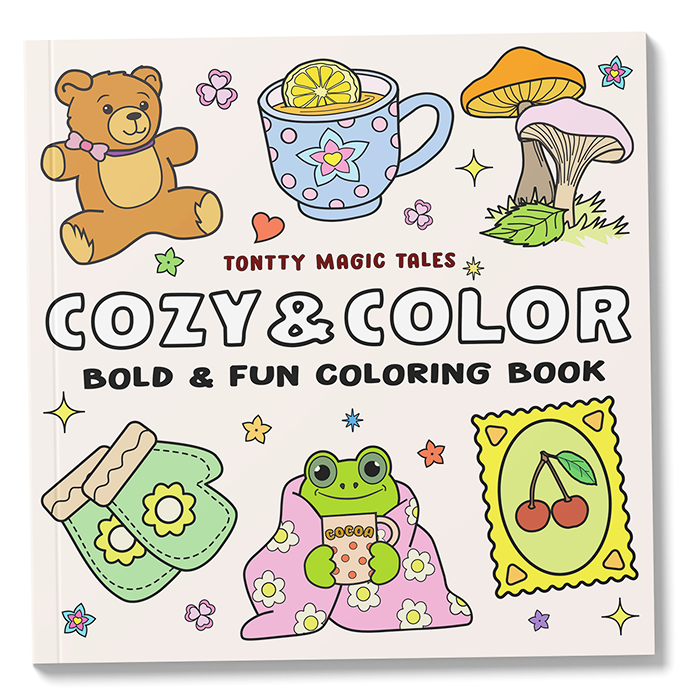 Cozy & Color coloring book cover — bold fun designs, cozy animals, easy coloring for kids and adults