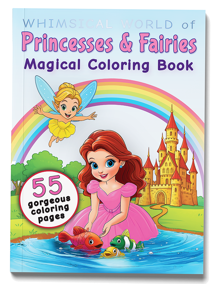Princesses & Fairies coloring book cover — magical castles, cute princesses and fairies for girls 5–12